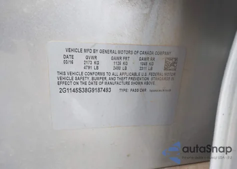 2016 Chevrolet Impala 2Lz from USA, damaged, VIN 2G1145S38G9187493